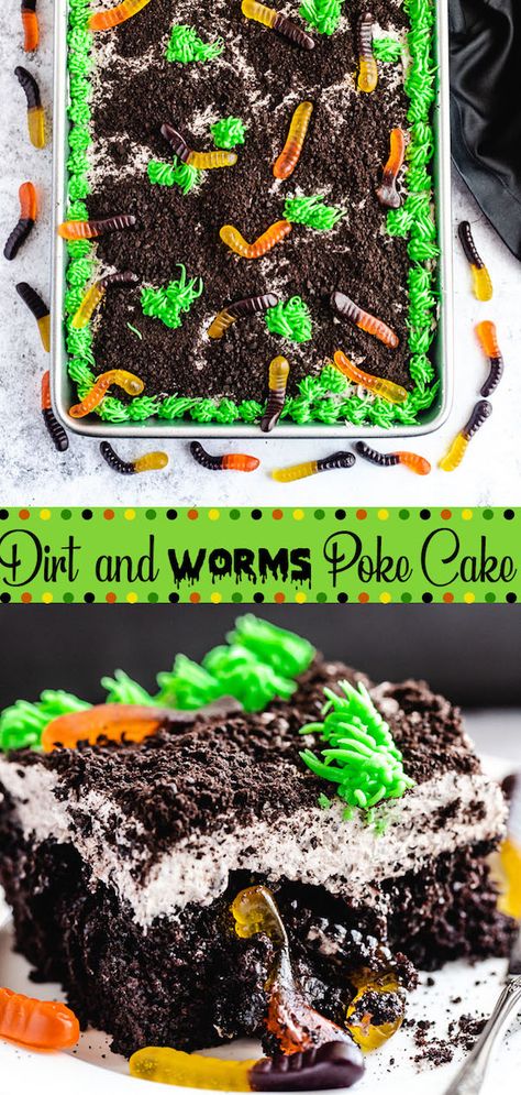 This Dirt and Worms Poke Cake is a fun dessert the kids will surely enjoy! Moist black chocolate cake filled with chocolate pudding, oreo crumbs and creepy-crawly gummy worms. Top with oreo cream cheese frosting, more oreo “dirt” and gummy worms for a perfectly easy Halloween dessert! #cake #dirtcake #halloween #pokecake #easy #dessert #chocolatecake #creamcheesefrosting #cookiesandcream Black Chocolate Cake, Dirt And Worms, Pudding Oreo, Oreo Dirt Pudding, Oreo Cream Cheese Frosting, Worm Cake, Oreo Cream Cheese, Dirt Cake Recipes, Oreo Dirt