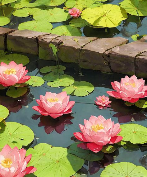 Water Lilies Illustration, Lotus Lake Painting, Lotus Pond Illustration, Flower Scenery Drawing, Pond Reference, Water Lilies Aesthetic, Water Lily Aesthetic, Lilypad Drawing, Lilypad Photography