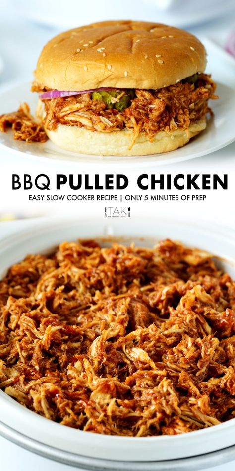 Slow Cooker Pulled Chicken takes less than 10 minutes of prep and is downright addictive thanks to shreds of perfectly cooked, juicy chicken coated in savory-sweet BBQ sauce! This easy shredded chicken recipe features a store-bought BBQ sauce spruced up with a few simple ingredients and spices for a magical flavor combination that can't be beat. All you have to do is throw it in a crockpot and shred it when it's done cooking! The crockpot does all the work for you. Flavorful Shredded Chicken Crockpot, Pressure Cooker Bbq Chicken Shredded, Shredded Slow Cooker Chicken, Easy Slow Cooker Bbq Pulled Chicken, Slow Cook Pulled Chicken, Shredded Chicken In A Crockpot, Shred Chicken In Crockpot, Bbq Pulled Chicken Crockpot Sweet Baby Rays, Bbq Pulled Chicken Crockpot Healthy