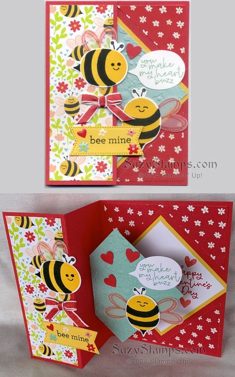 January Stampin’ Class – Bee My Valentine – Suzy Stamps Blog Bee Mine Valentine Stampin Up Cards, Stampin Up Bee Cards Handmade, Bee Valentine Cards, Su Bee Mine, Stampin Up Bee My Valentine Suite, Su Bee My Valentine Cards, 2024 Stampin Up Mini, Su Bee My Valentine, Stampin Up Bee Cards