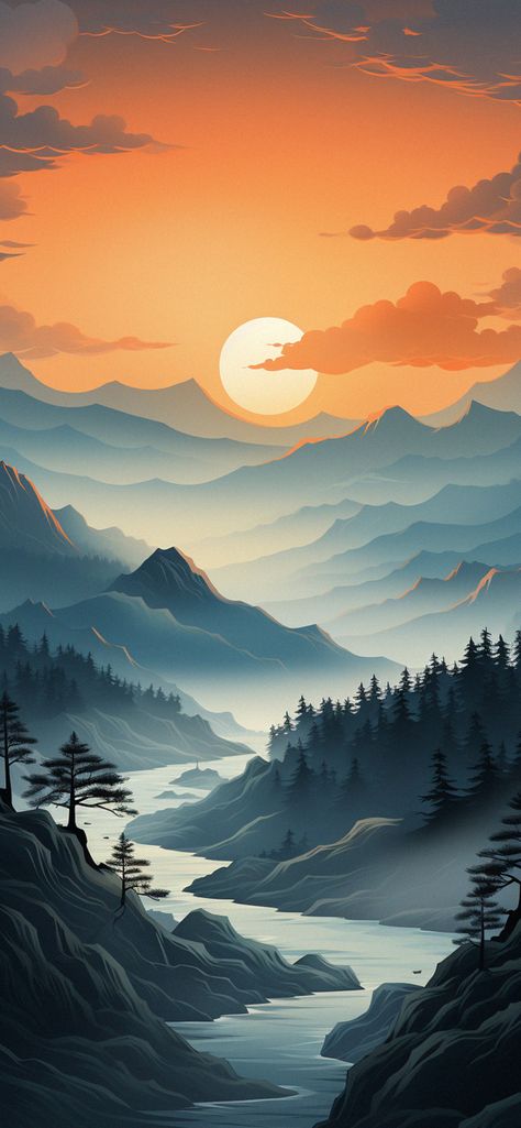 Mountains in Fog & Orange Sunset Wallpapers Nature Iphone Wallpaper, Minimal Wallpaper, Orange Sunset, Mountain Wallpaper, Wallpaper Animes, Art Gallery Wallpaper, Sunset Wallpaper, Cool Wallpapers Art, Anime Artwork Wallpaper