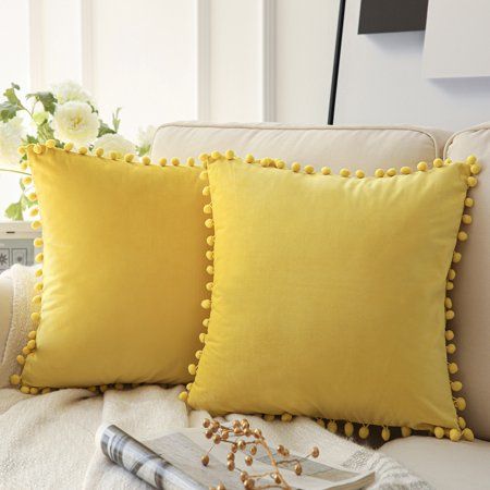 Phantoscope Pom Pom Velvet Series Decorative Throw Pillow, 18" x 18", Yellow, 2 Pack Den Decor, Dorm Inspiration, Yellow Cottage, Storage Room Organization, Ceiling Lamp Shades, Yellow Pillows, Sofa Accessories, Kitchen Window Treatments, Yellow Bedroom