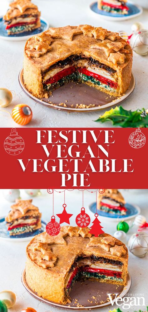 A Festive Vegan Vegetable Pie with layers of roast potatoes, peppers, tofu spinach and garlic mushrooms in a shortcrust pastry pie crust. Vegan Thanksgiving Pot Pie, Vegan Vegetable Pie, Vegan Chess Pie, Christmas Pie Recipes Savory, Savory Vegan Pie, Vegan Savoury Pie, Vegan Pie Savoury, Vegan Gluten Free Christmas Dinner, Vegan Christmas Main Dish