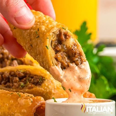 Cheeseburger Spring Rolls (Cheesecake Factory Copycat) Cheeseburger Spring Rolls, Fried Zucchini Sticks, White Castle Burgers, Copycat Cheesecake Factory, Cheesecake Factory Copycat, Slow Roasted Italian, Cheesecake Factory Recipes, Fried Spring Rolls, Homemade Dips