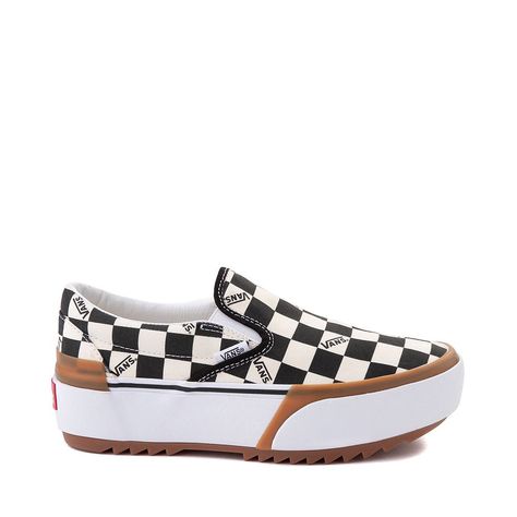 Vans Slip On Stacked Checkerboard Skate Shoe - Black / White | Journeys Vans Platform, Platform Slip Ons, Checkered Vans, Mood Clothes, Skate Shoe, Vans Slip On, Vans Shop, Feel Beautiful, Vans Classic Slip On Sneaker