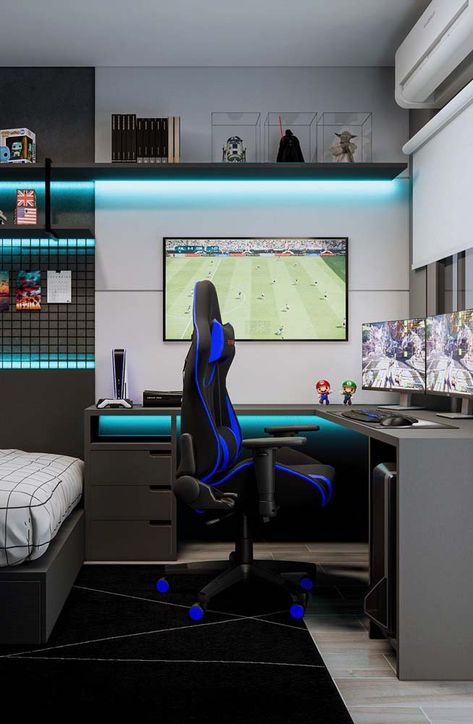 Cool Desks For Bedrooms, Cool Bedroom Ideas For Boys, Gaming Setup Bedroom Small Spaces, Boys Gamer Bedroom, Gaming Bedroom, Gamer Bedroom, Computer Desk Setup, Home Door Design, Bedroom Desk