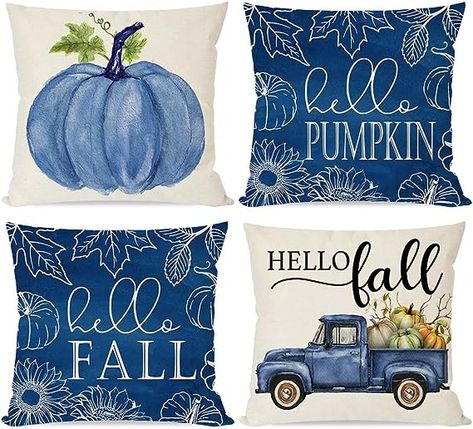 Love these amazing fall pillow cases that match my outdoor patio furniture. Thick and well made. Fall Pillow Covers, Thanksgiving Home Decorations, Hiasan Bilik Tidur, Blue Pumpkin, Fall Pillow, Plaid Throw Pillows, Fall Throw Pillows, Fall Pillow Cover, Pumpkin Truck