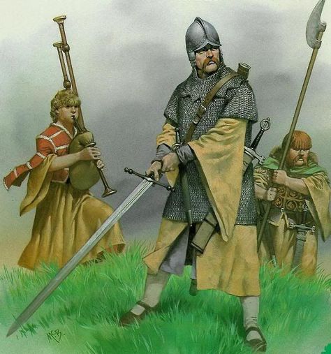 Artistic depiction of an Irish Gallowglass by English illustrator Angus McBride. The Gallowglass, an elite mercenary warrior in medieval Ireland, was a member of the Norse-Gaelic clans of Scotland in the High Middle Ages. Image source: www.pinterest.com Angus Mcbride, Irish Costumes, Armor Ideas, Historical Warriors, Celtic Warriors, Historical Armor, Ancient Warfare, Celtic Culture, Historical Artwork