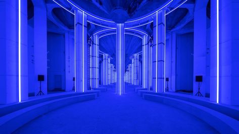 Prada 2020, Prada Menswear, Grain Silo, Lighting Installation, London Design, Light Installation, Design Museum, Stage Design, Blue Aesthetic