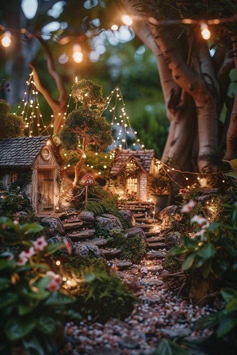 Fairy Garden Miniatures Diy, Backyard Fairy Garden Ideas, Garden Village Ideas, Fairy Village Ideas, Outdoor Fairy Garden Diy, Fairy Gardens Ideas, Backyard Fairy Garden, Plant Pot Painting Ideas, Fairy Garden Lights