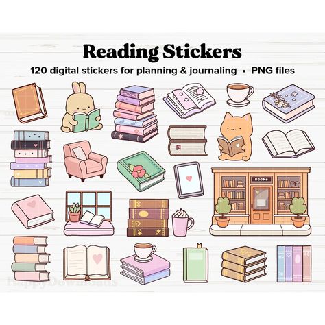 Reading Stickers Digital, Cute Stickers, Book Stickers, Digital Stickers, Goodnotes Stickers, Bookish Stickers, Digital Planner Stickers - Etsy UK thecommonplanner #travelplanner #plannertemplates #digitalbulletjournal. Penly App, Stationary Stickers, Reading Stickers, Stickers Digital Planner, Digital Stickers Goodnotes, Bookish Stickers, Planner Writing, Book Stickers, Goodnotes Stickers