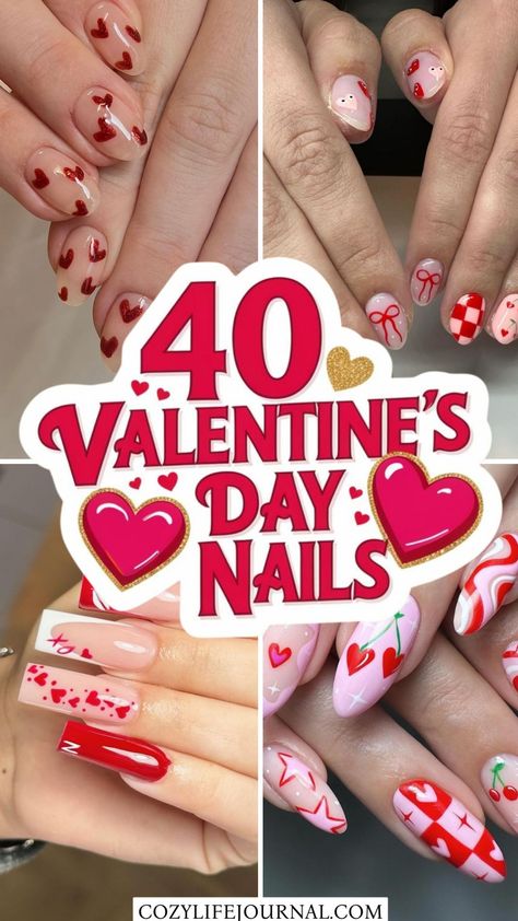 Festive Valentine's Day nail designs with red and pink hearts, dots, and intricate patterns. February Coffin Nail Designs, Mickey Mouse Valentines Nails, Crazy Valentines Day Nails, Valentine Nail Art Designs Heart, Almond Shape Valentine Nails, Valentine Nails Designs Gel, Valentines Day Acrylics, Heart Design Nail Art, Valentines Acrylic Nail Designs