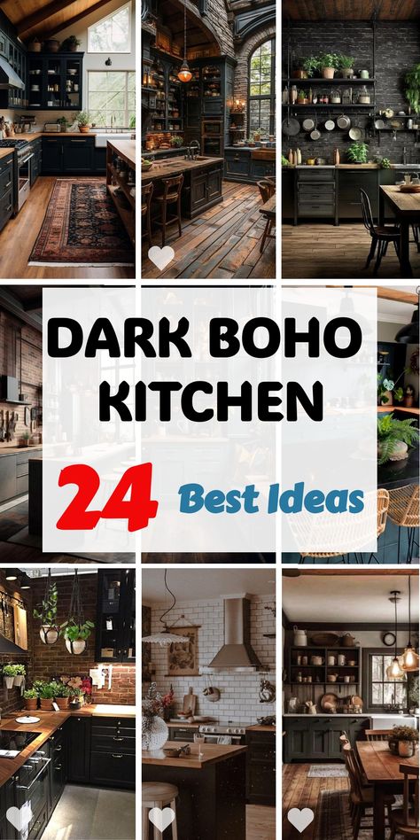 Discover the beauty of dark boho kitchen designs, where moody aesthetics meet functional elegance. These 24 inspirations showcase how to blend farmhouse and modern elements, featuring green accents, brown cabinets, and wood details. Learn the art of incorporating a blue backsplash, grey countertops, and stylish tables to create a kitchen that's both inviting and on-trend. Dark Boho Kitchen, Moody Kitchen, Boho Kitchen Ideas, Dark Boho, Modern Courtyard, Wooden Countertops, Blue Backsplash, Rustic Backdrop, Bohemian Kitchen