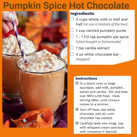 How To Make Pumpkin Spice Hot Chocolate, Pumpkin Spiced Hot Chocolate, Diy Fall Drinks, Fall Hot Drink Recipes, Pumpkin Spice Hot Chocolate Recipe, Pumpkin Hot Chocolate Recipe, Pumpkin White Hot Chocolate, Spiced Hot Chocolate Recipe, Fall Hot Chocolate