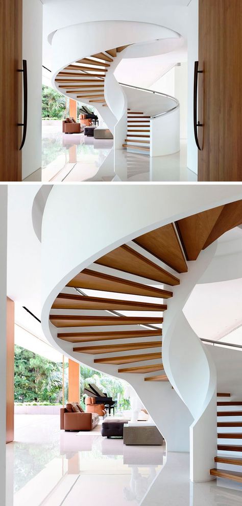 Staircase goals! Stunning white ribbon staircase with open tread timber steps. Spectacular spiral staircase Outdoor Spiral Staircase, Spiral Staircase Dimensions, Staircase Inspiration, Stairs Remodel, Round Stairs, Stair Walls, Circular Stairs, Staircase Designs, Spiral Staircases