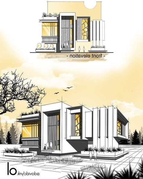 Two Floor Elevation Design, Exterior Perspective Architecture, Elevation Drawing Architecture, Building Elevation Drawing, Exterior Perspective Drawing, Architecture Elevation Design, Bungalow Design Architecture, House Concept Architecture, Elevations Architecture