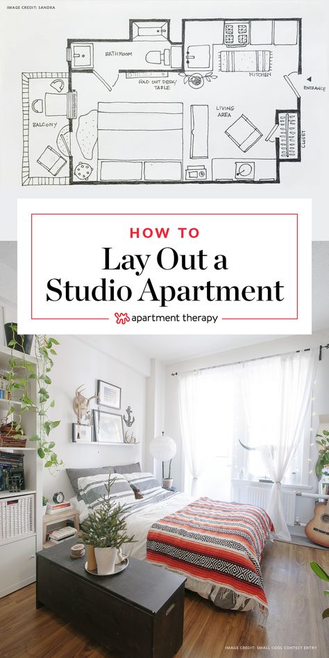 The trick? Incorporating some expert-approved features into the studio’s layout. Below, design experts share the things they look for when designing and staging truly functional and breathtaking studios. Apartment Layouts, Reka Bentuk Bilik Tidur, Apartemen Studio, Cozy Studio Apartment, Tiny Studio Apartments, A Studio Apartment, One Room Apartment, Studio Layout, Studio Apartment Living