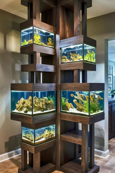 25 Fish Tank Stand Ideas DIY [For Every Tank] Large Home Aquarium, Fishtank Ideas Aesthetic, 2.5 Gallon Tank Ideas, Diy Aquarium Lid, 125 Gallon Aquarium Stand, Fish Store Design, 75 Gallon Aquarium Ideas, Fish Room Ideas, Fish Tank In Living Room