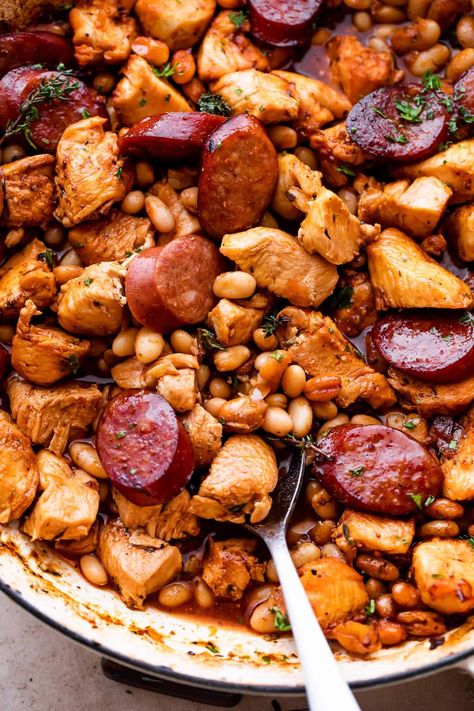 Easy Chicken Cassoulet Recipe | Diethood Sausage Recipes Crockpot, Chicken Cassoulet Recipe, Homemade Kielbasa, French Cassoulet Recipe, Sauteed Chicken Recipes, Chicken Cassoulet, Chicken And White Beans, Kielbasa Sausage Recipes, French Cassoulet