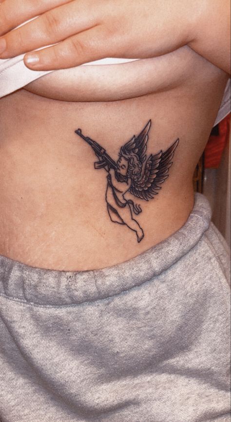 Ak Tattoo, Cherub Tattoo Designs, Tattoo On Ribs, First Tattoo Ideas, Cupid Tattoo, Stomach Tattoos Women, Medusa Tattoo Design, Basic Tattoos, Cherub Tattoo