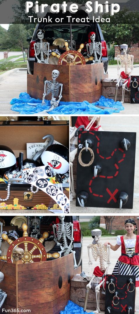 Trick your trunk with a pirate theme. Trick or treaters will love stopping by this pirate ship to get treats and toys. Trunk Or Treat Ideas Pirate Theme, Pirate Ship Trunk Or Treat Ideas For Suv, Trunk Or Treat Ideas Pirate Ship, Pirate Trick Or Trunk Ideas, The Goonies Trunk Or Treat, Christian Pirate Trunk Or Treat, Trunk Or Treat Ideas Pirates, Pirates Trunk Or Treat, How To Make A Pirate Ship