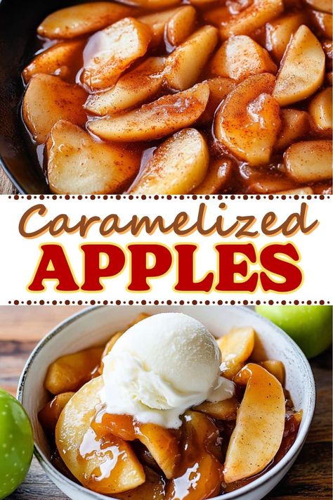 Craving something warm, sweet, and fruity? Try these easy caramelized apples! Ready in minutes, they're great as a topping for ice cream, pancakes, and more. Apple Sauce For Ice Cream, Baked Apples With Ice Cream, Apple Pie Ice Cream Topping, Fruit Topping For Ice Cream, Apple Topping For Ice Cream, Carmalized Apples How To Make, Apple Dishes Desserts, Ambrosia Apple Recipes, Carmel Apple Topping