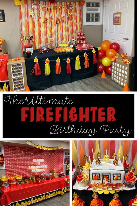 Firefighter Birthday Party Fire Truck Party Food Ideas, Firefighter Bday Party, Fireman Centerpiece Ideas, Fire And Rescue Birthday Party, Firefighter Party Decor, Fire Buds Birthday, Fireman Birthday Party Decorations, Firefighter Birthday Party Backdrop, Fireman First Birthday Party