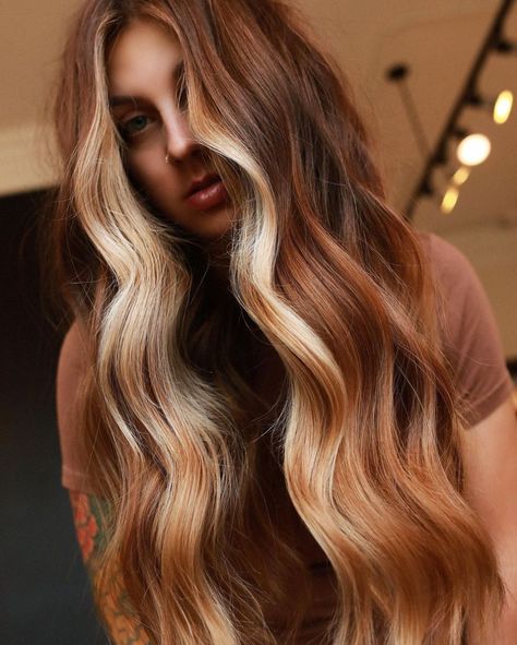 Light Copper Hair with Chunky Streaks Chunky Copper Highlights, Red Hair With Blonde Money Piece, Copper Hair With Blonde Money Piece, Copper Hair With Blonde, Hair Colors Trending, Cherry Blonde, Light Copper Hair, Fall Red Hair, The Right Hairstyles