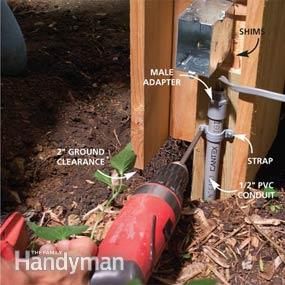 How to Install Outdoor Lighting and Outlet | The Family Handyman Outdoor Electrical Outlet, Outlet Wiring, Pvc Conduit, Outdoor Outlet, Outdoor Lighting Ideas, Home Electrical Wiring, The Family Handyman, Diy Electrical, Backyard Lighting