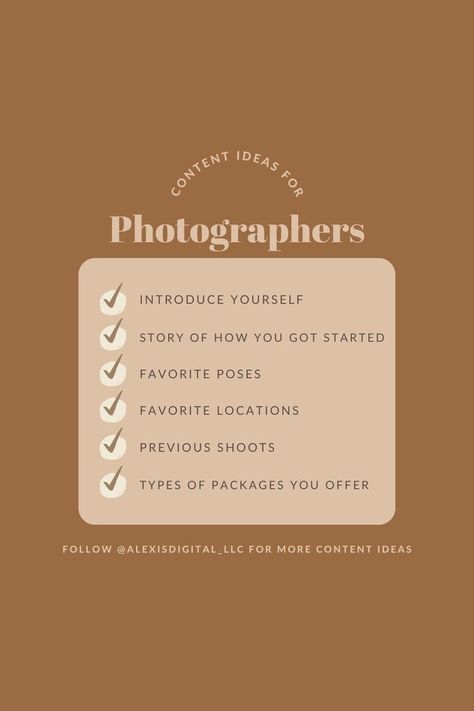 Here are a few content ideas for photographers! ~ introduce yourself ~ your story ~ favorite poses ~ favorite locations ~ photos from a previous shoot ~ the different types of packages you offer Looking for help with your marketing? Look no further! Shoot us a message! We would love to help you with your marketing efforts! #digitalmarketing #marketinghelp #contentcreation #content #socialmediamanagement #instagrampostideas #postideas #photographers #instaphotographer Photography Marketing Ideas Social Media, Photographer Content, Photographer Social Media, Photography Content Ideas, Photographer Content Ideas, Social Media For Photographers, Photographer Social Media Post Ideas, Content Ideas For Photography Business, Social Media Content For Photographers