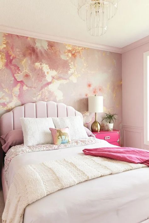 Pink Modern Girls Bedroom Design with Pink and Gold Floral Wall Mural. Pink Bedroom Design. Floral Bedroom Design. #PinkModernGirlsRoom #FloralBedroom #PinkAndGoldBedroom #FloralWallMural #PinkBedroomDesign Pink Room Wallpaper, Victoria Bedroom, Girl Room Wallpaper, Egypt House, Pink And Gold Bedroom, Girls Bedroom Wallpaper, Pink Bedroom Design, Elegant Room, Pink Bedroom For Girls