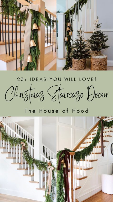 Short Staircase Christmas Decor, Garland At Base Of Stairs, Small Banister Christmas Decor, Farmhouse Christmas Staircase Decor, How To Decorate Staircase For Christmas, Stairway Christmas Decor Staircases, Stair Banister Christmas Ideas, Stair Garland Christmas Railings, Stair Christmas Decor Ideas