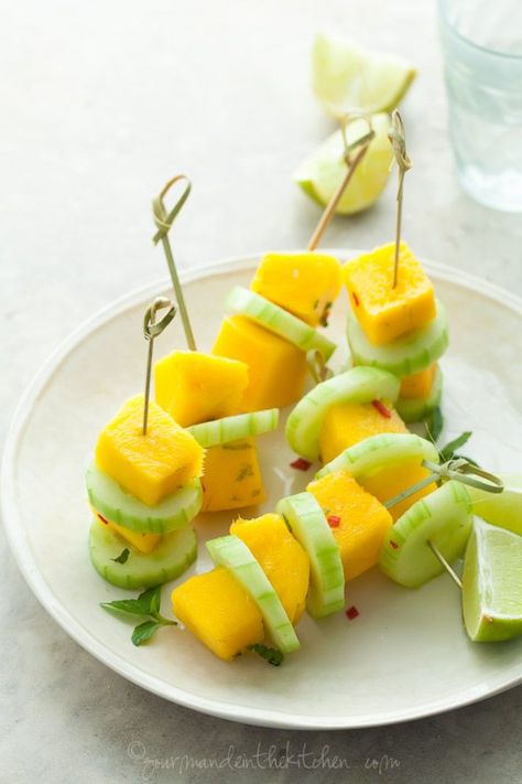 Mango Cucumber Salad Skewers gourmandeinthekitchen.com Cucumber Skewers, Mango Cucumber Salad, Mango Cut, Salad Skewers, Mango Salad, Quick Bite, English Cucumber, Pepper Seeds, Think Food