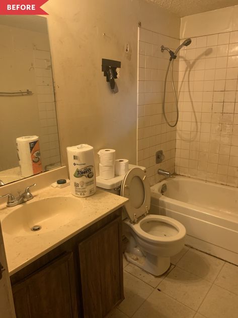 Dingy Bathroom, White Bathroom Makeover, Old Bathroom Makeover, Holes In Wall, White Mosaic Tiles, Black And White Bathroom, White Bathroom Tiles, Old Bathroom, Apartment Makeover