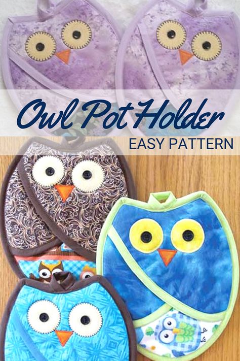 These owl pot holder handlers are quick, easy and functional! They have a pocket in the front so your hands are protected from you heat and flames. Sewing With Scraps, Holiday Hand Towels, Diy Blanket Ladder, Valentines Pillows, Potholder Patterns, Pattern Sewing, Leftover Fabric, Handmade Beauty Products, Sewing Projects For Beginners