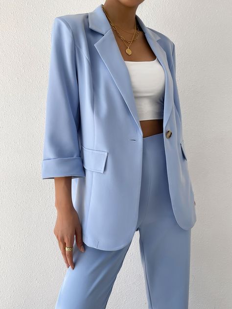 Prom Suits Women, Light Blue Blazer Outfit, Blue Blazer Outfits For Women, Blue Prom Suit, Sky Blue Blazer, Baby Blue Outfit, Blue Blazer Outfit, Sky Blue Suit