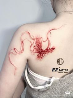 Body Tattoo Ideas Female, Red Vein Tattoo, Back Tattoo Red Ink, Unique Chest Tattoo Female, Tgcf Tattoo, Asian Style Tattoos, Red Tattoos For Women, Chinese Style Tattoo, Red Dragon Tattoo