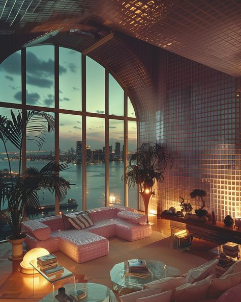 Apartment in Miami, Florida / 1980s Miami Chic Interior Design, Miami 80s Interior, Miami Condo Decor, Miami Apartment Aesthetic, Penthouse Miami, 80s Miami Aesthetic, Miami Penthouse, 80s Miami, 80s Luxury