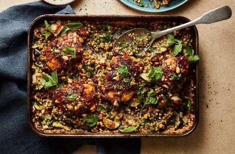 Peanut Harissa Chicken With Herbed Lemon, Courgette & Giant Couscous Recipe | Waitrose & Partners Giant Couscous Recipes, Traybake Dinner, Giant Couscous, Chicken Couscous, Chicken Tray Bake, Giant Chicken, Couscous Recipe, Harissa Chicken, 2024 Recipes