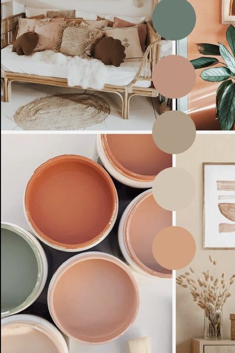 Boho Color Scheme Bedroom, Pink And Terracotta Interior, Boho Bedroom Painting, Boho Room Paint Colors, Small Feminine Home Office Ideas, Pink Clay And Terracotta Bedroom, Pastel Terracotta, Earthy Pink Interior, Boho Bedroom Color Schemes