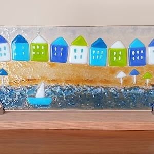 Sea Scapes, Fused Glass Panel, Fused Glass Dishes, Fused Glass Plates, Glass Fusion Ideas, Fused Glass Artwork, Fusion Design, Glass Fusing Projects, Beach Huts