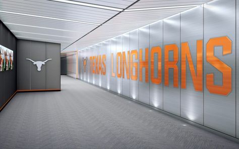 University of Texas Football unveils sleek design for Longhorn Locker Room - Sports Venue Business (SVB) Athletic Locker, Locker Room Sports, University Of Texas Football, Venue Business, Athletic Center, Gaming Lounge, Locker Designs, International Architecture, Texas Football