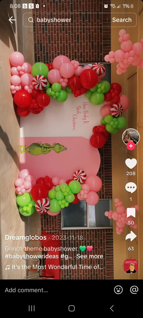 The Grinch Backdrop, Grinch Birthday Centerpiece Ideas, Cindy Lou Birthday Party, Grinch Themed Christmas Party Outfit, Grinch Gender Reveal Ideas Decoration, Grinch Gender Reveal Party, Pink Grinch Party, Grinch Theme Gender Reveal, Cindy Lou Who Birthday Party