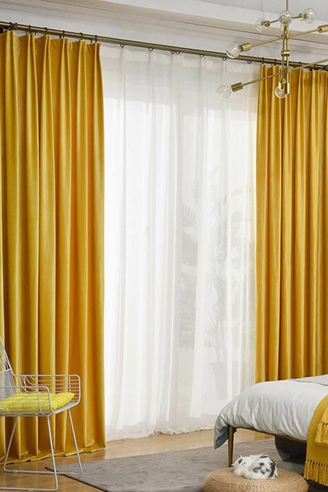 Yellow Bedroom Curtain Ideas, Yellow Curtains Bedroom, Yellow Curtains Aesthetic, Sheer Yellow Curtains, Yellow Bedroom Curtains & Drapes, Yellow Curtains, Painted Furniture Colors, Home Decor Online, Home Board