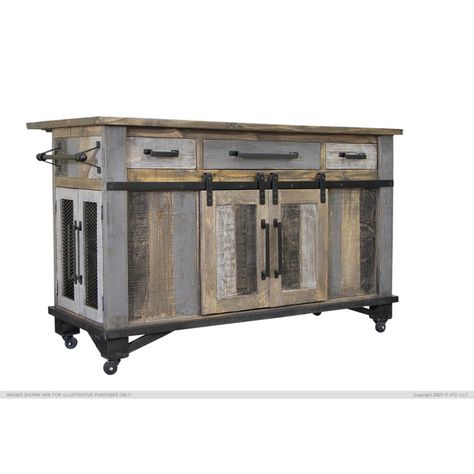 Rosalind Wheeler Arteen Solid Wood Kitchen Island | Wayfair Brown Kitchen Island, Doors Kitchen, Rustic Loft, Farmhouse Flair, Bar Stool Seats, Loft Kitchen, Rolling Kitchen Island, Solid Wood Kitchens, Barn Style Doors