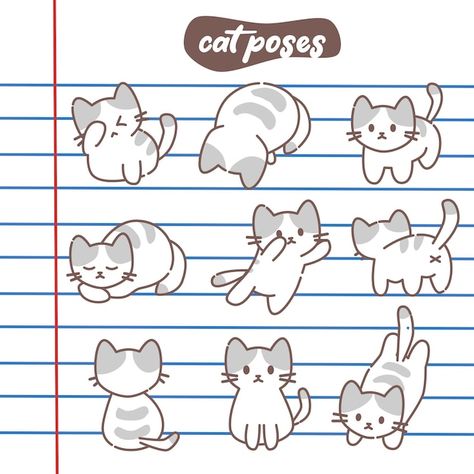 Cute Cat Vector Illustrations, Cat Card Design, Cat Positions, Cat Sitting Down, Face Doodles, Cat Doodles, Cat Poses, Back Drawing, Cute Cat Illustration