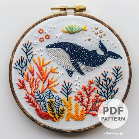 Whale Hand Embroidery Pattern, Whale Pattern, Ocean Pattern, Hand Embroidery, Hand Embroidery PDF, Ocean Wildlife Embroidery, Marine Life - Etsy Sea Life Embroidery Patterns, Embroidery Ocean Patterns, Marine Life Embroidery, Sea Animals Embroidery, Embroidery Sea Life, Contemporary Embroidery Inspiration, Negative Embroidery, Ocean Embroidery Patterns, Underwater Embroidery