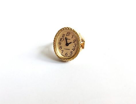 Ring Watch Fingers, Mechanical Ring, Clock Ring, Gold Vintage Watch, Watch Ring, Cute Ring, Gold Plated Watch, Jasper Ring, Green Stone Rings