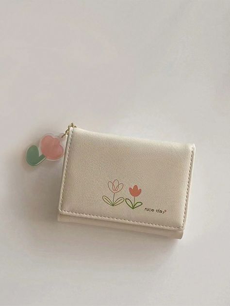 White  Collar  Pu Plants  Embellished   Wallets & Cardholders Wallets For Women Aesthetic, White School Supplies, Wallets Aesthetic, Aesthetic Wallet, Small Wallets For Women, Wallets For Girls, Stylish Petite, College Work, Cute Wallets