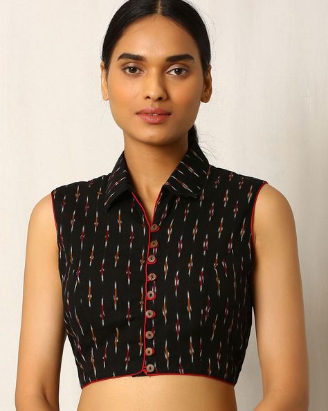 Buy Black Indie Picks Handwoven Ikat Sleeveless Cotton Blouse Designer Black Blouse, Must Have In Wardrobe, Kalamkari Blouse Designs, Ikat Blouse Designs, Black Blouse Designs, Sleeveless Blouse Designs, Neck Patterns, Ikat Blouse, Kalamkari Blouse